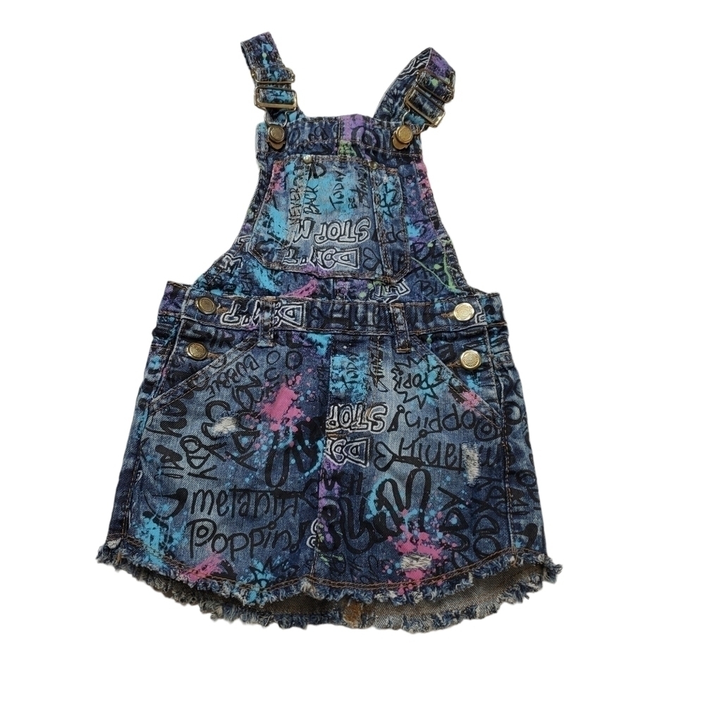THREE Pink Hearts Denim‎ Overall Dress Girls 2T Graffiti 80s Party Cotton